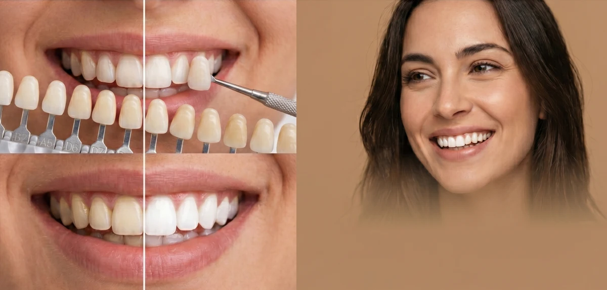 Comparativa visual en primer plano de un tratamiento de carillas dentales y blanqueamiento junto a una mujer con sonrisa natural y brillante.