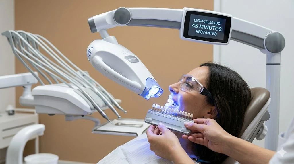 Paciente en el sillón clínico con gafas protectoras durante un tratamiento de blanqueamiento dental con lámpara de luz fría LED acelerado.