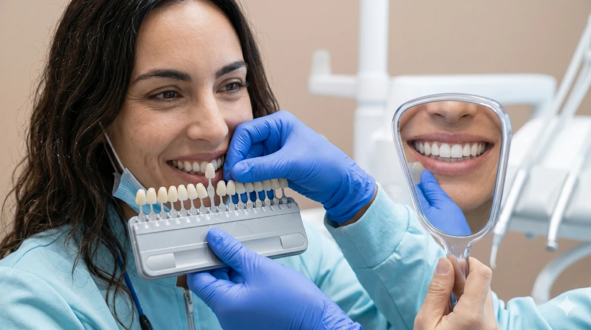 Dentista con guantes utilizando una guía de tonalidades y un espejo de mano para comprobar la simetría y forma de los dientes de una paciente.