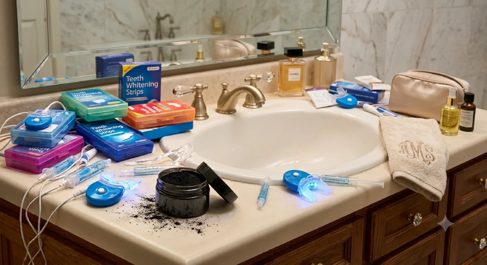 Primer plano desordenado de un lavabo de baño con múltiples kits de blanqueamiento dental caseros, incluidos dispositivos LED azules encendidos, botes de carbón activo derramado y tiras, junto a productos de lujo.