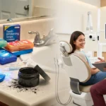 Comparativa visual difuminada entre el caos de los tratamientos blanqueadores caseros y la seguridad de una consulta dental profesional con un especialista.