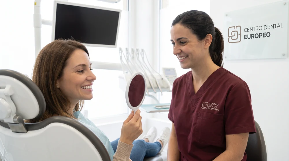 Paciente mostrando una sonrisa blanca y natural tras un blanqueamiento dental en Centro Dental Europeo.